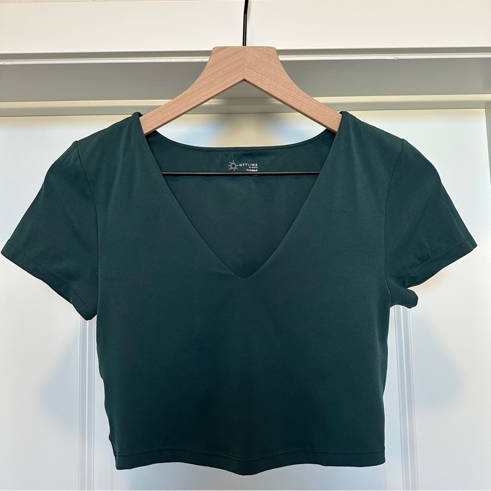 Aerie Offline Forest Green Cropped V-Neck Workout Top